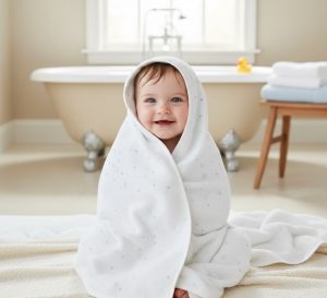 Ein Baby nach einem Bad in ein Handtuch gewickelt