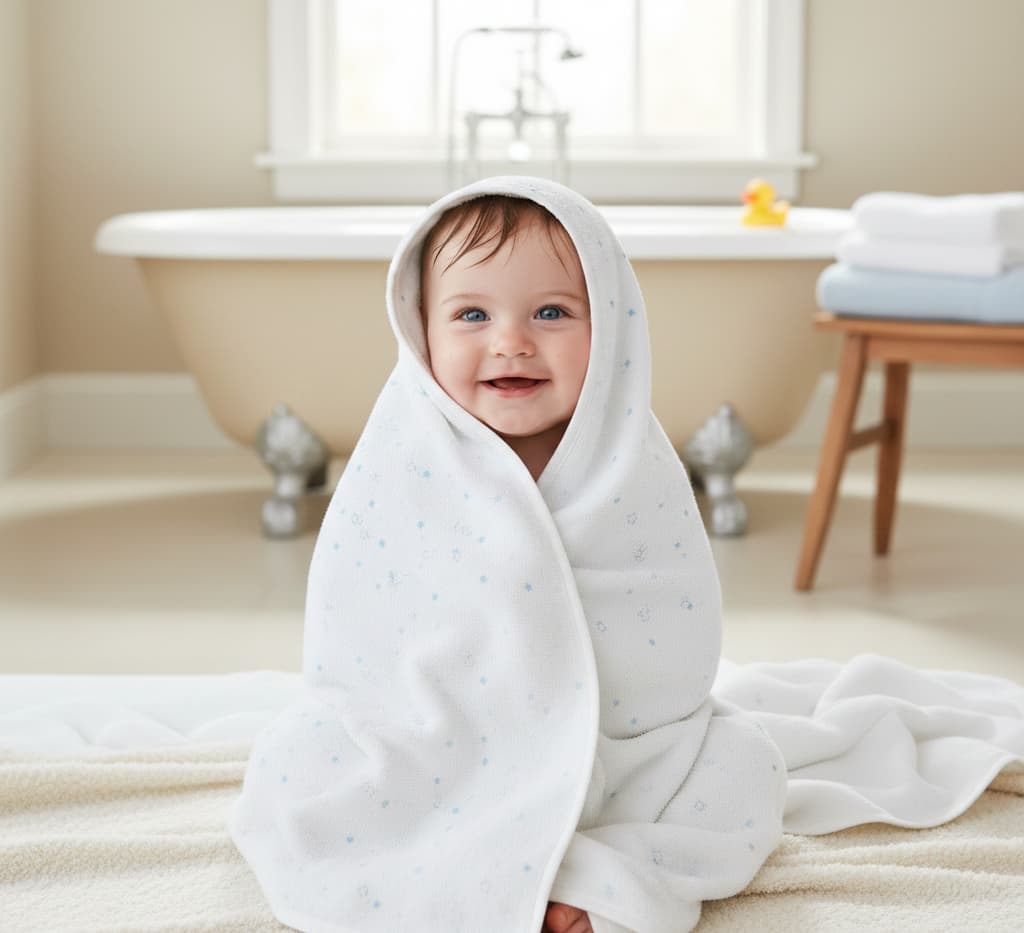 Ein Baby nach einem Bad in ein Handtuch gewickelt