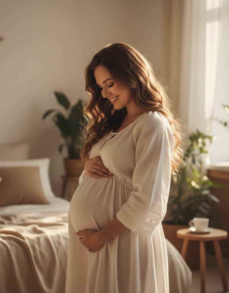 Glückliche Schwangere blickt auf ihren Babybauch