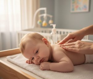 Ein Baby welches sanft am Rücken massiert wird