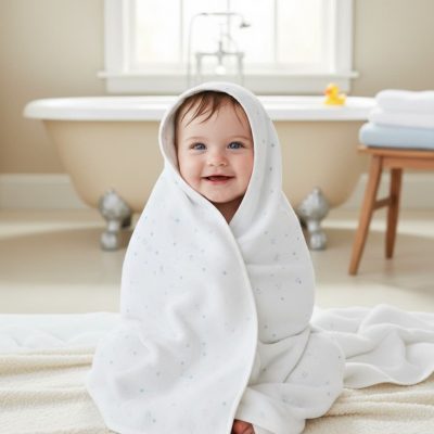 Ein Baby nach einem Bad in ein Handtuch gewickelt