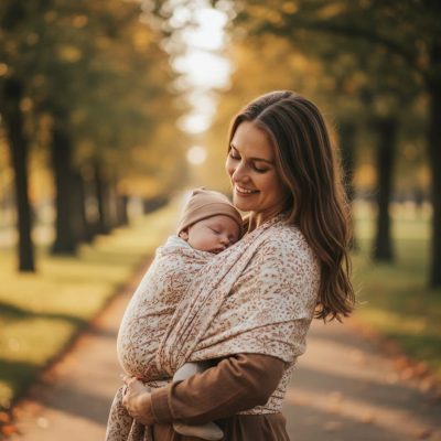 eine glückliche Frau mit ihrem Baby in der Trage