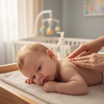 Ein Baby welches sanft am Rücken massiert wird